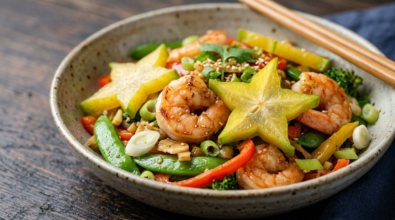 Close-up of star fruit and shrimp stir-fry