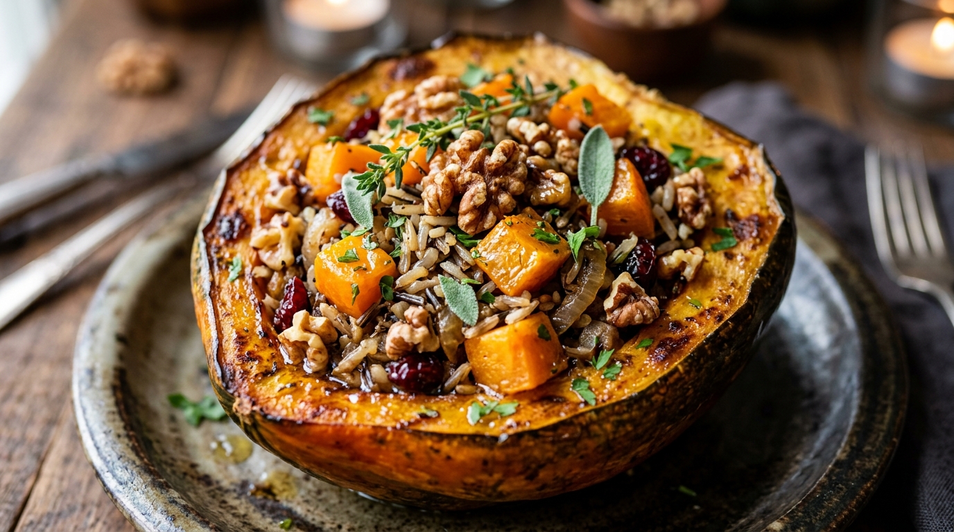 Close-up of persimmon and walnut stuffed acorn squash