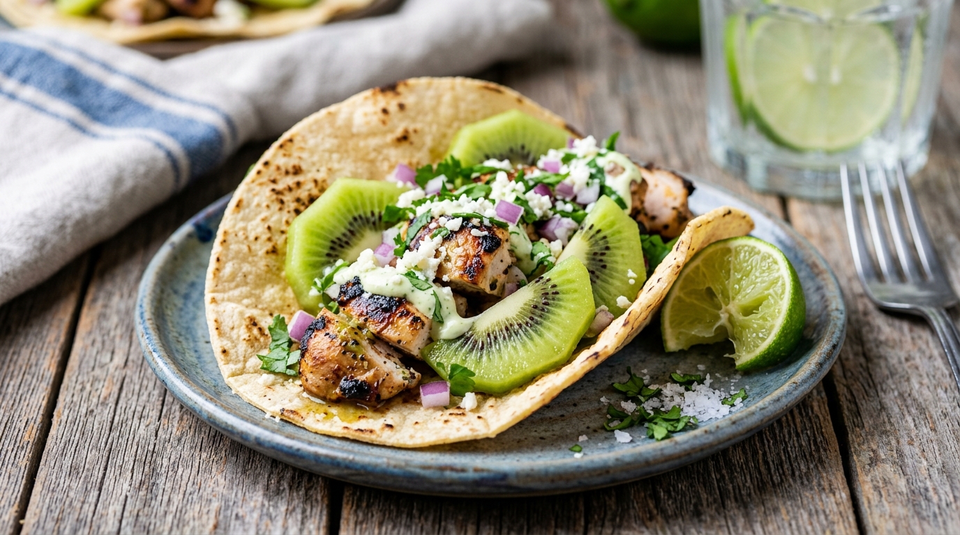 Close-up of kiwi and lime grilled chicken tacos