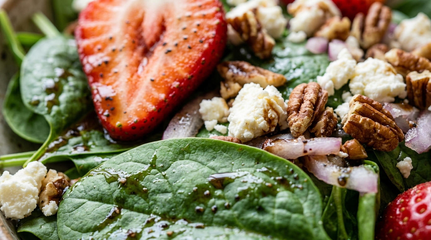 Close-up of strawberry spinach salad with balsamic dressing