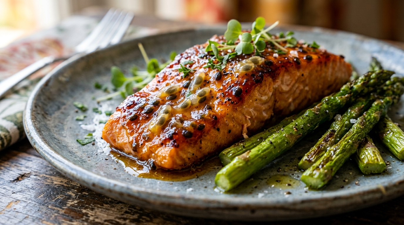 Close-up of passion fruit glazed salmon with asparagus