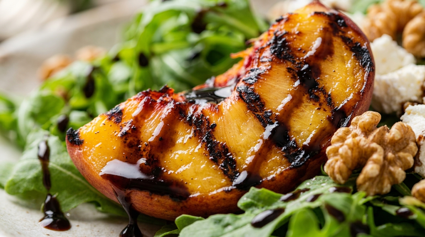 Close-up of grilled peach and arugula salad with balsamic glaze