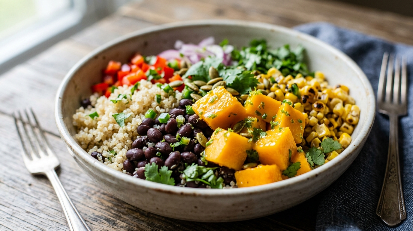 Close-up of mango and black bean quinoa bowl