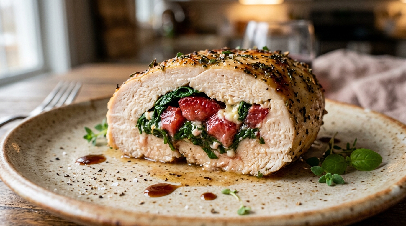 Close-up of strawberry and spinach stuffed chicken breast