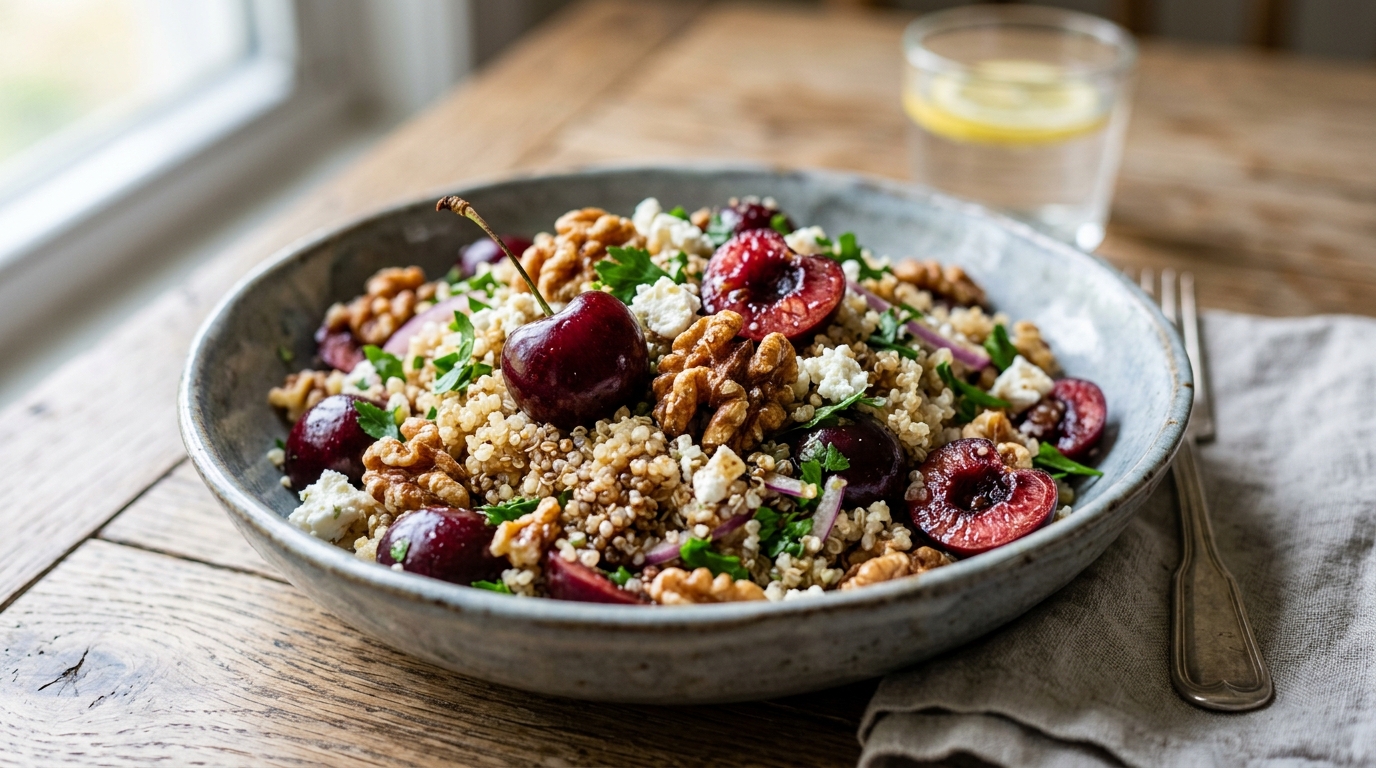 Close-up of cherry and walnut quinoa salad