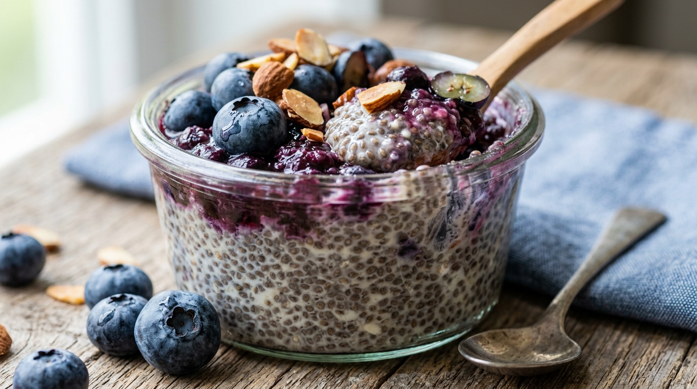 Close-up of blueberry and almond chia pudding