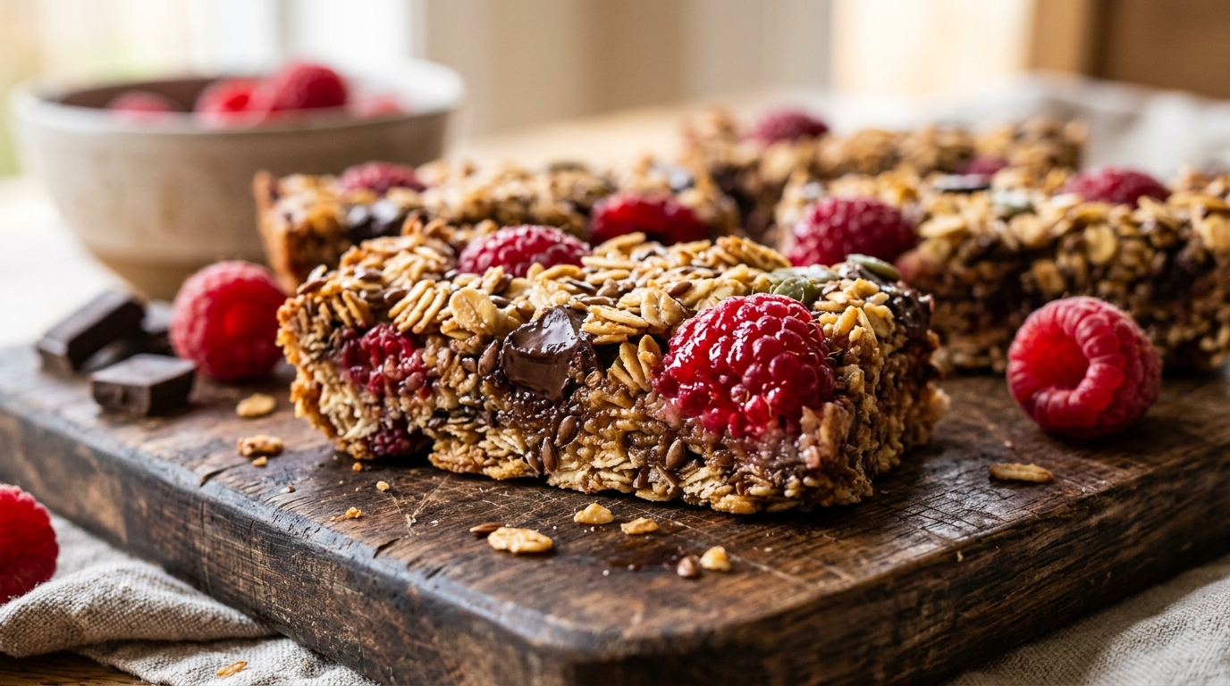 Close-up of raspberry and dark chocolate oat bars
