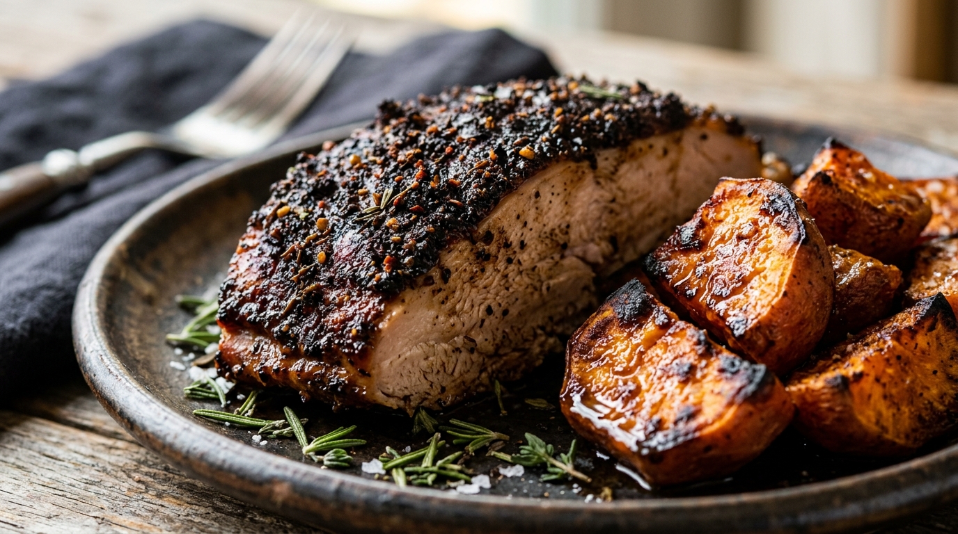 Close-up of espresso-rubbed turkey with roasted sweet potatoes