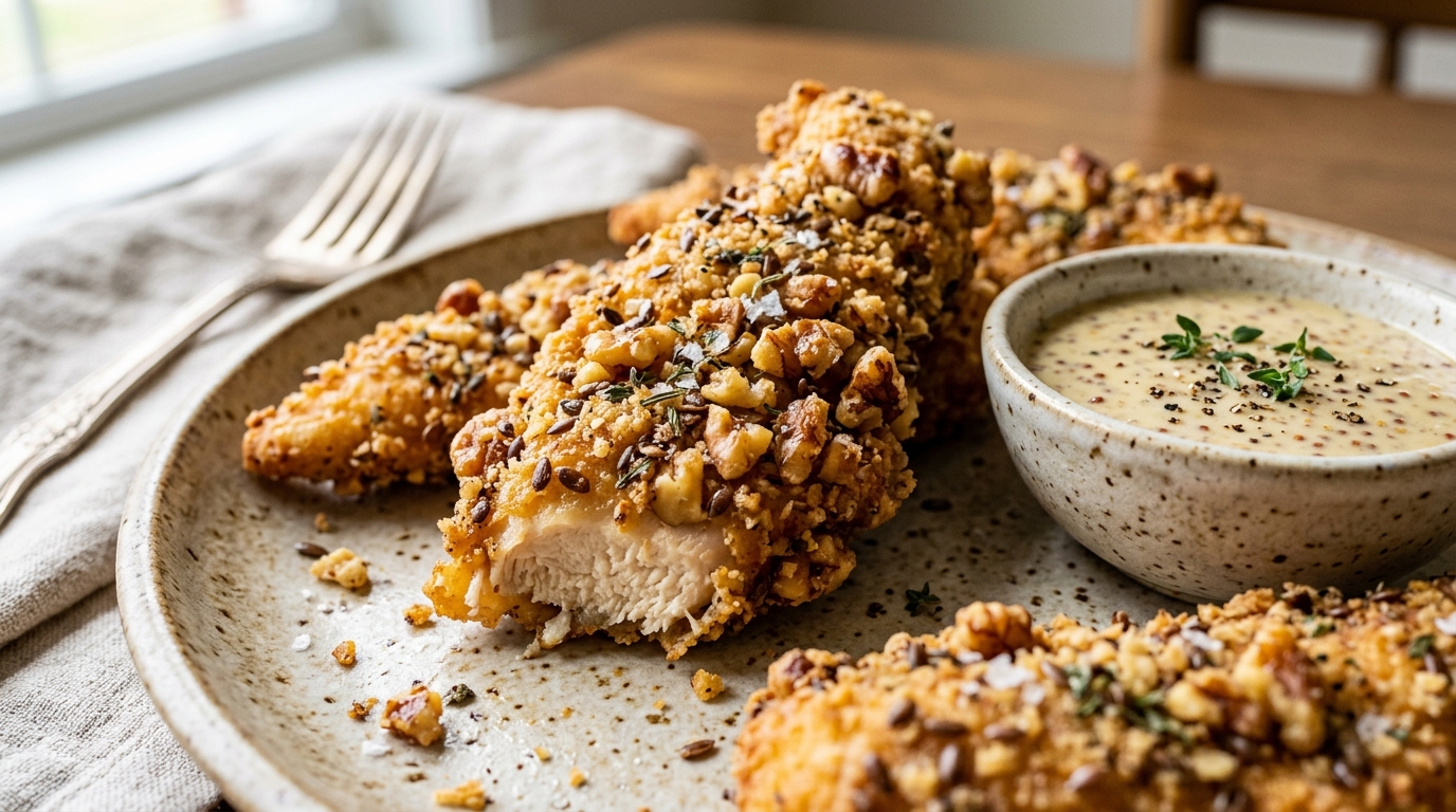 Close-up of walnut and flaxseed crusted chicken tenders