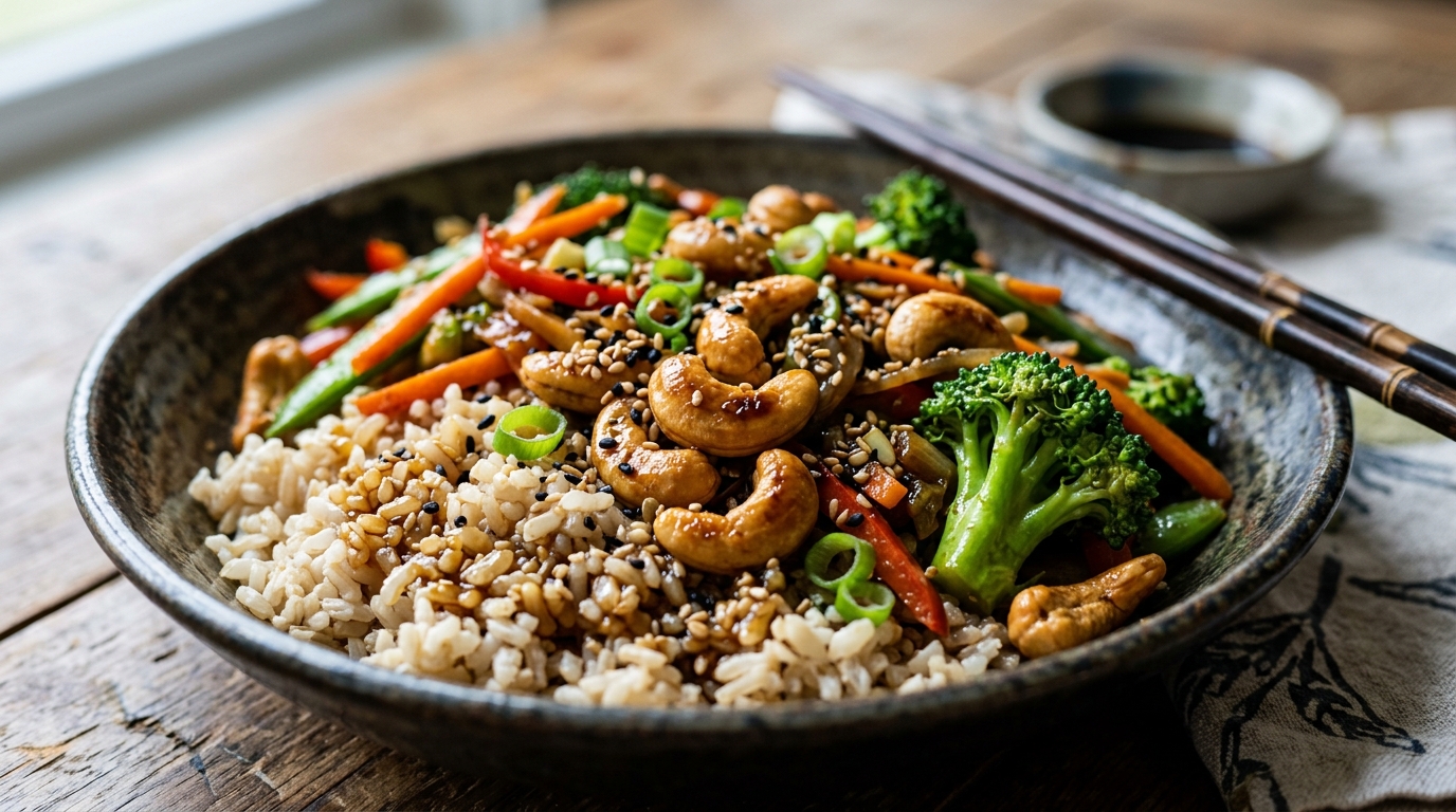 Close-up of cashew and sesame stir-fry with brown rice