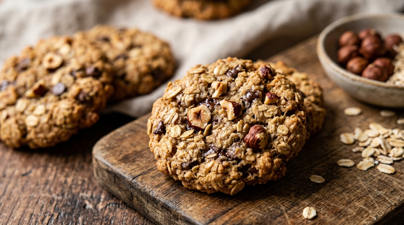 Close-up of hazelnut and oatmeal protein cookies