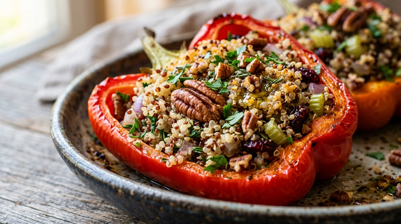 Close-up of pecan and quinoa stuffed bell peppers
