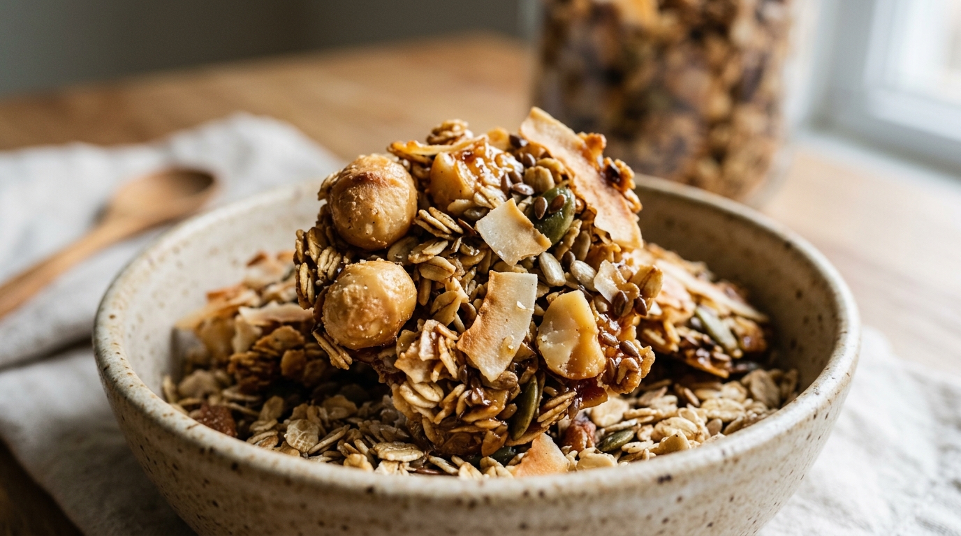 Close-up of macadamia and coconut granola clusters