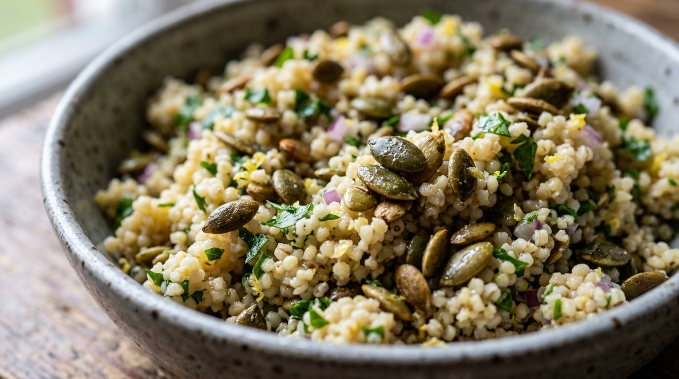 Close-up of pumpkin seed and millet salad with lemon dressing