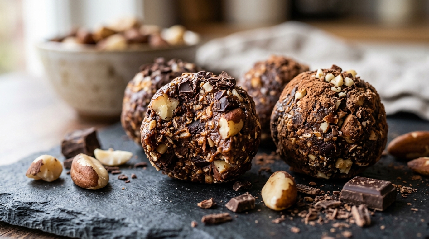 Close-up of brazil nut and dark chocolate energy bites