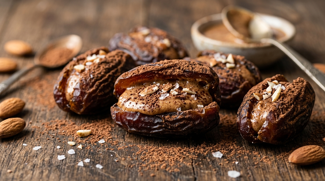 Close-up of almond butter stuffed dates with cocoa dust