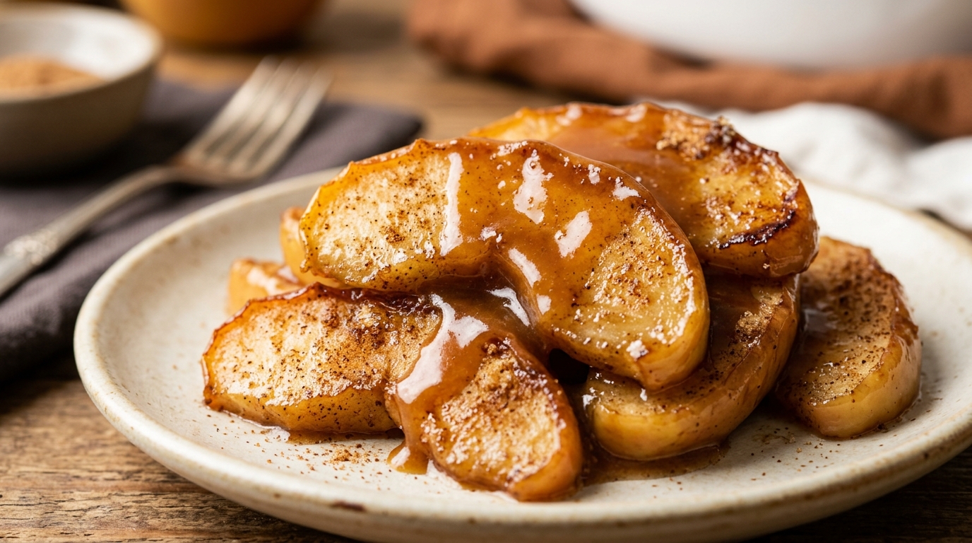 Close-up of baked apple slices with cinnamon and caramel glaze