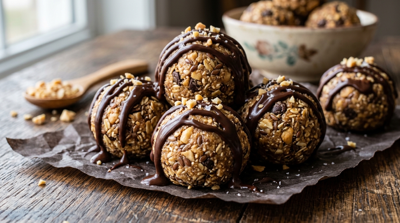 Close-up of peanut butter protein balls with dark chocolate drizzle