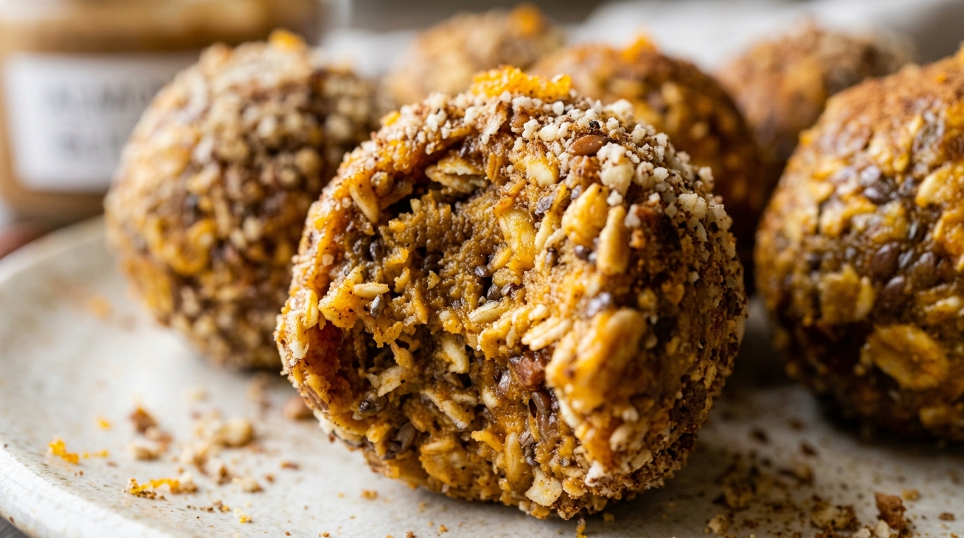 Close-up of pumpkin spice energy bites with almond butter