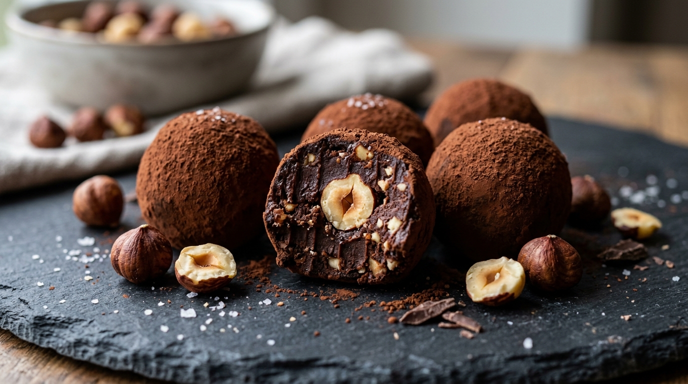 Close-up of vegan chocolate hazelnut truffles