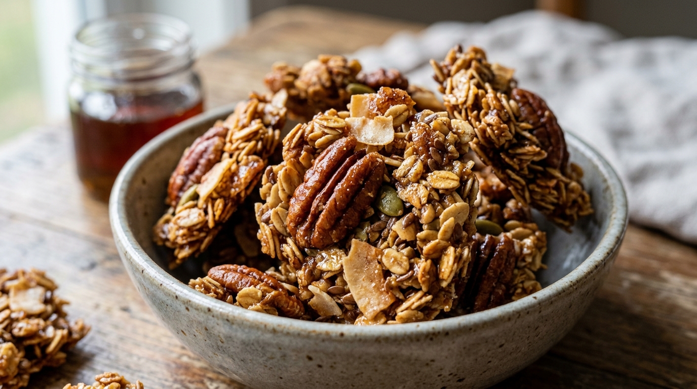 Close-up of maple glazed pecan granola clusters