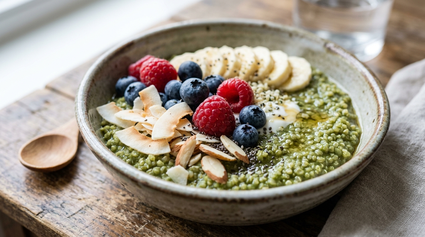 Close-up of matcha green tea quinoa breakfast bowl