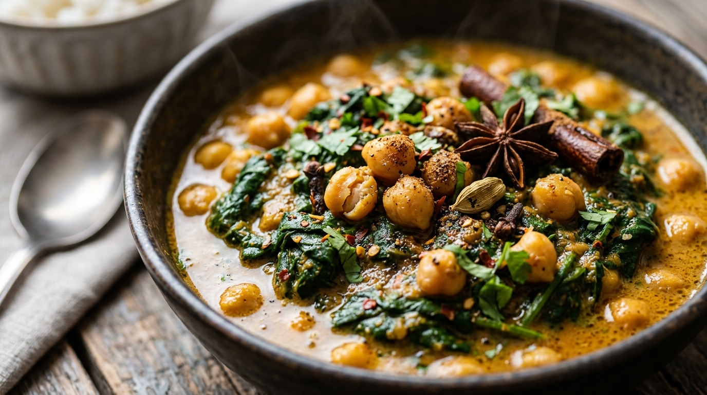 Close-up of chai-spiced chickpea and spinach curry