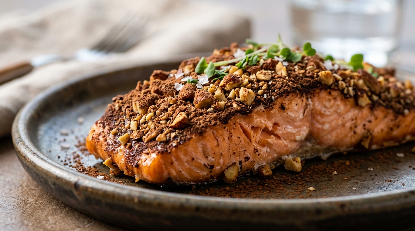 Close-up of cocoa-dusted almond crusted salmon