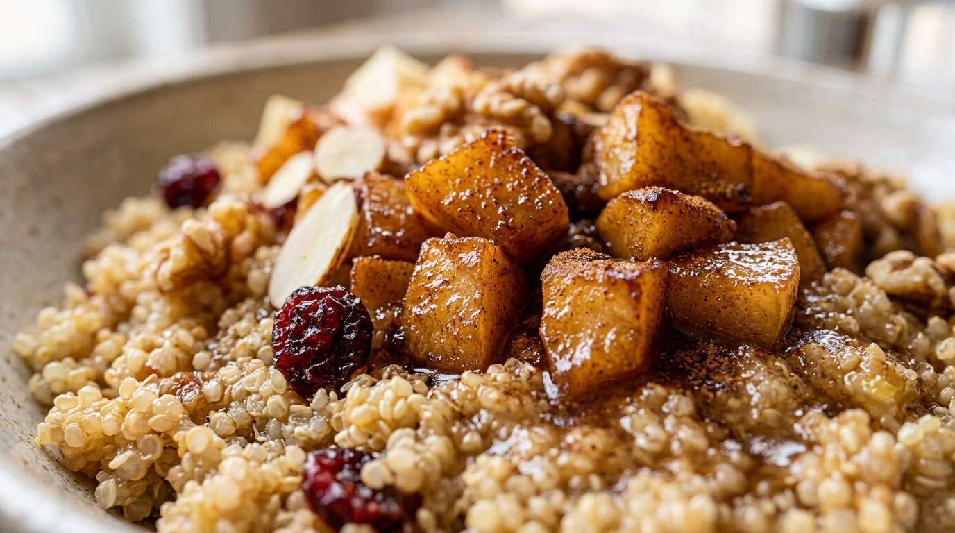 Close-up of apple cinnamon quinoa breakfast bowl
