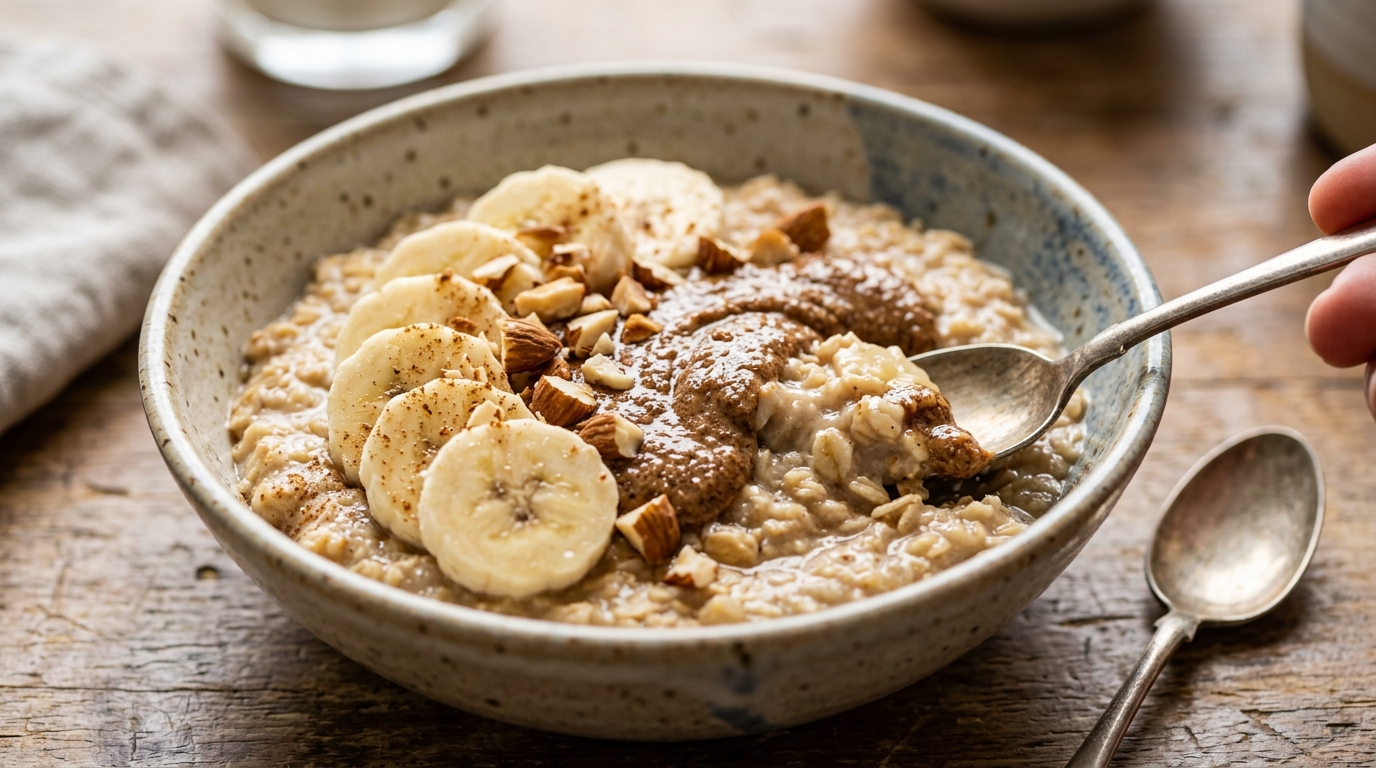 Close-up of malted oatmeal with almond butter and banana