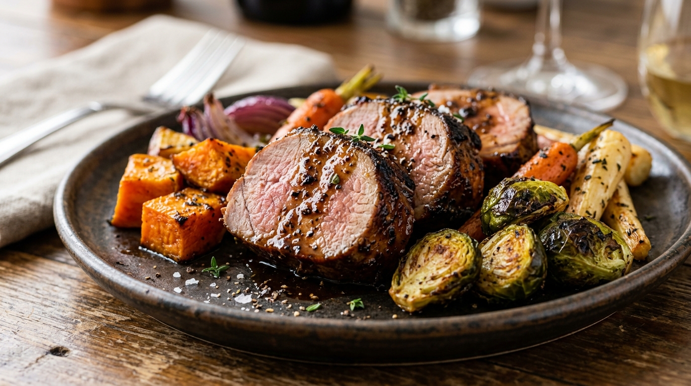 Close-up of coffee-glazed pork tenderloin with roasted vegetables