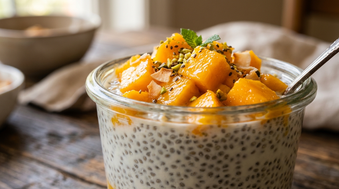 Close-up of mango coconut chia pudding