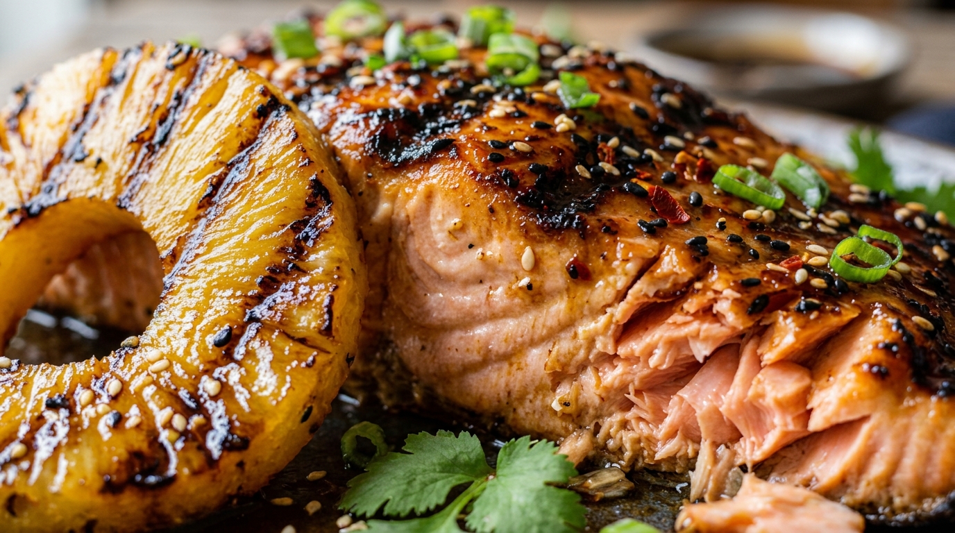 Close-up of grilled pineapple teriyaki salmon