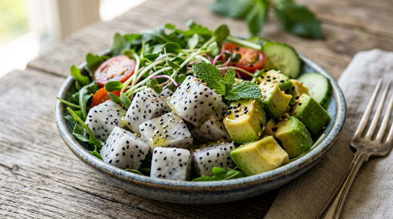 Close-up of dragon fruit and avocado salad