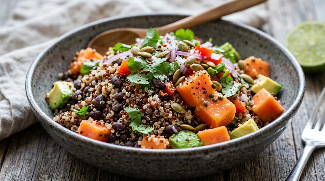 Close-up of papaya and black bean quinoa bowl