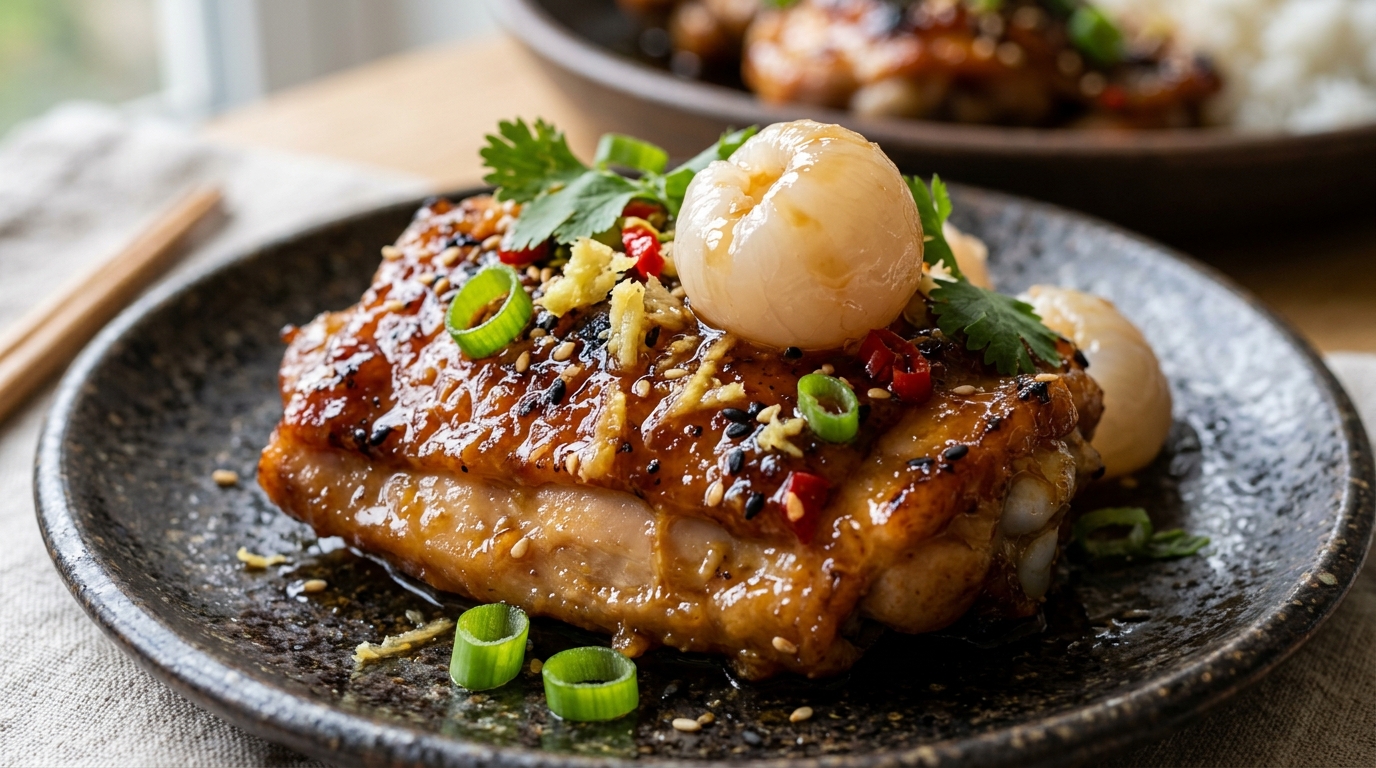 Close-up of lychee and ginger glazed chicken