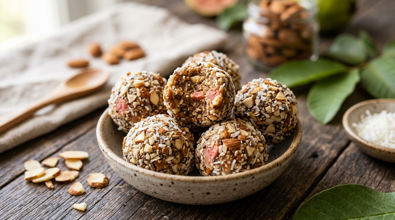 Close-up of guava and almond energy bites