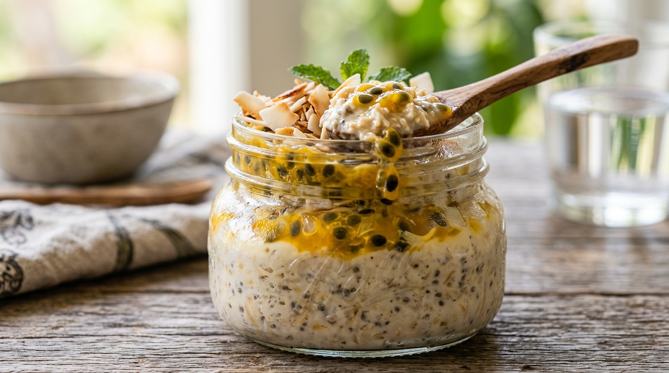 Close-up of passion fruit and coconut overnight oats